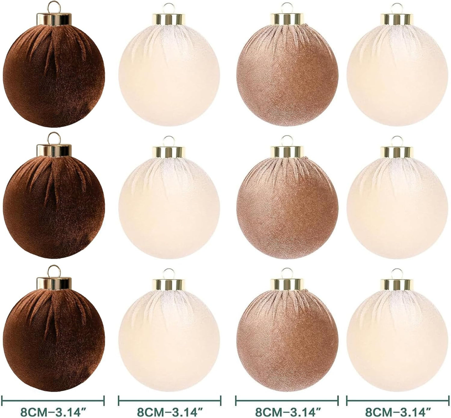 12Pcs Velvet Christmas Ornaments Balls,Brown Christmas Tree Decoration Shatterproof Ball with Hanging for Party Decor Multicolor Brown Beige 80mm/3.15in