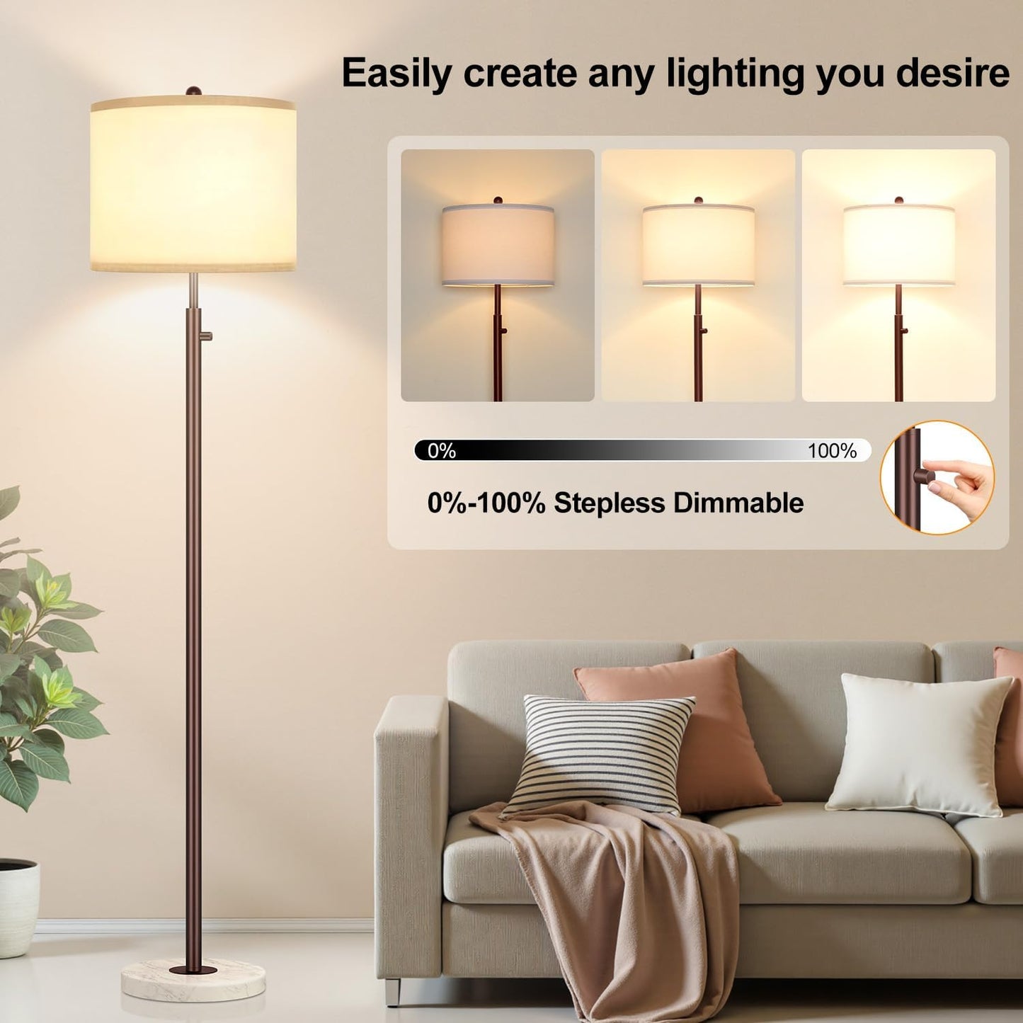Nintiue 【Upgraded】 Dimmable Floor Lamp for Living Room, 11W LED Bulb Included, Modern Standing Lamp with Marble Base, Tall Pole Light with Linen Shade for Bedroom Reading Office Corner Nursery-Brown