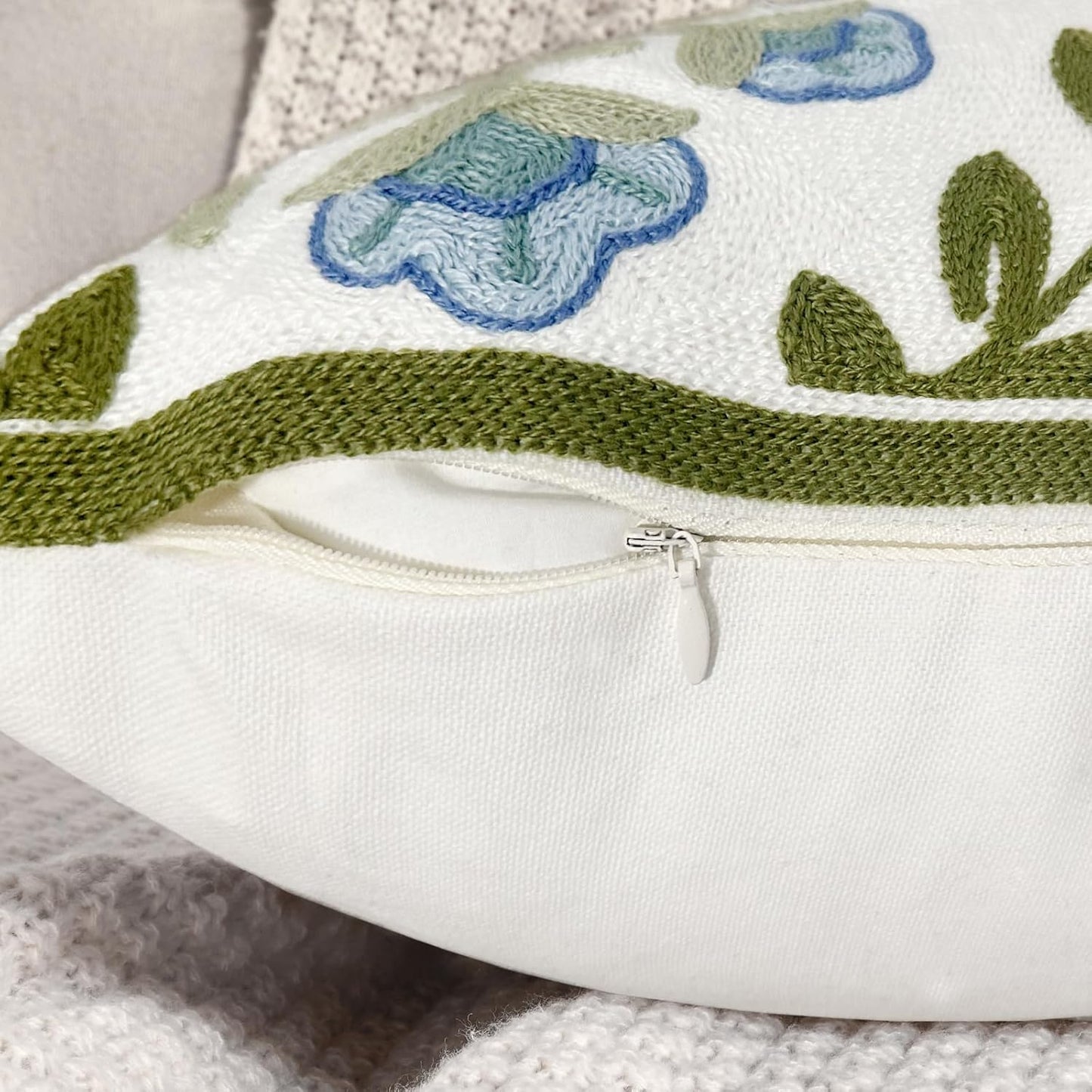 Alysheer Floral Embroidered Summer Decorative Throw Pillow Cover 18"x 18", Farmhouse Cottage Blue Flowers Green Leaves Knit Pattern Cotton Canvas Cushion Case for Sofa Couch Bed Living Room Decor