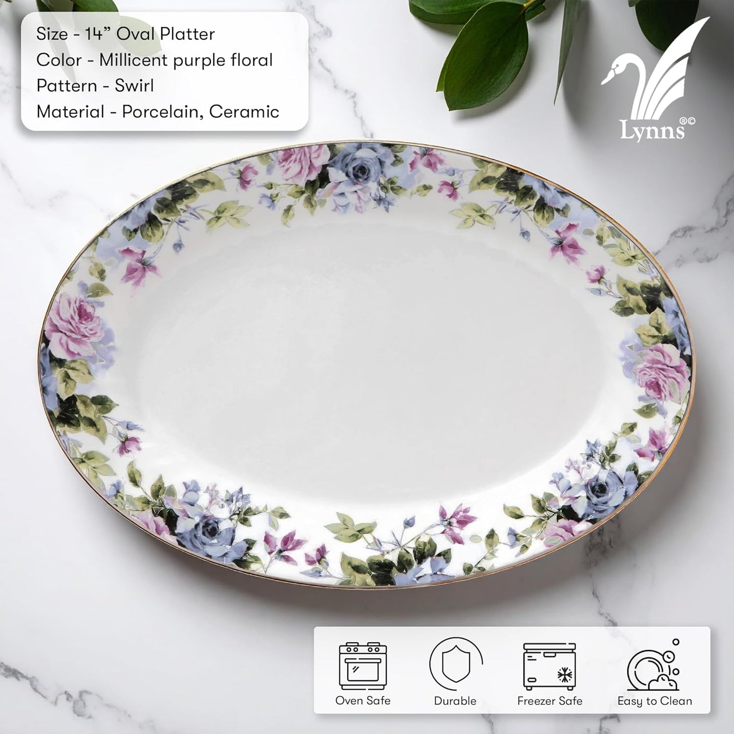 Lynns Paradise Millicent 14-Inch Oval Platter, Set of 2, Purple; Heavy Duty; Chip Resistant; Lead and Cadmium Free; Freezer to Oven Safe up to 500°F