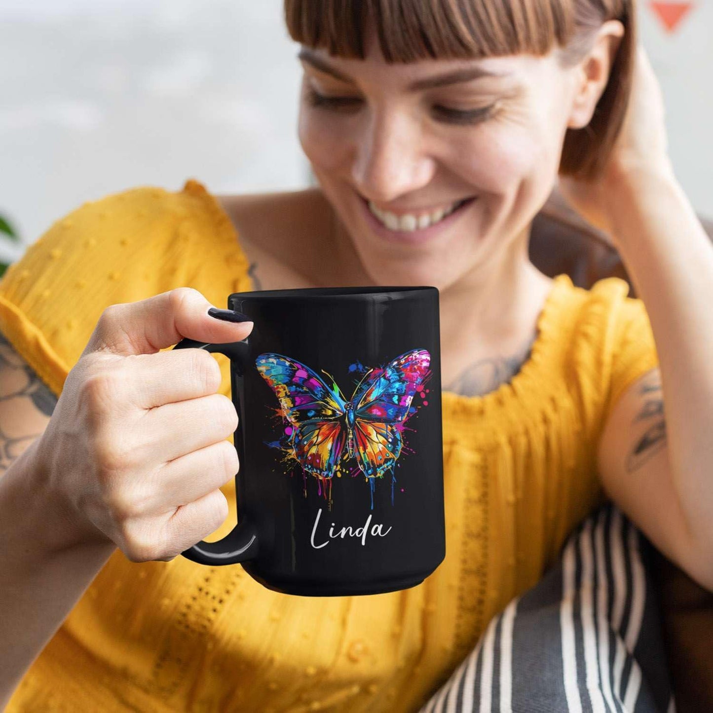 Customized Butterfly Mug, Themed Coffee Cup, Gift For Men Women, Personalized Name Butterfly Black Mug, Ceramic Cup 11oz 15oz, Lover Mug