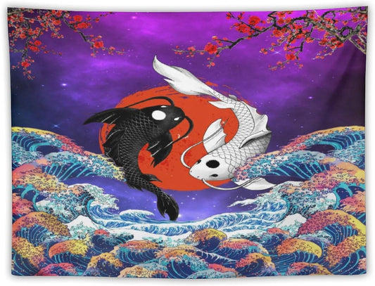 Houselerax Japanese Koi Fish Tapestry, Yin Yang Big Wave Cherry Blossom Tapestries Wall Hanging for Bedroom Living Room Office Decor 60"x40"