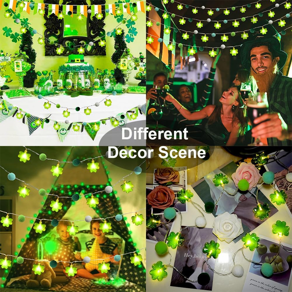 9.85Ft St Patricks Day Lights Garland 20 Pompoms 20 LEDs Green Lucky Clover Lights Shamrock String Lights with Timer for Indoor Bedroom Party Bar Garden St. Patrick's Day Decoration Green Irish Decor