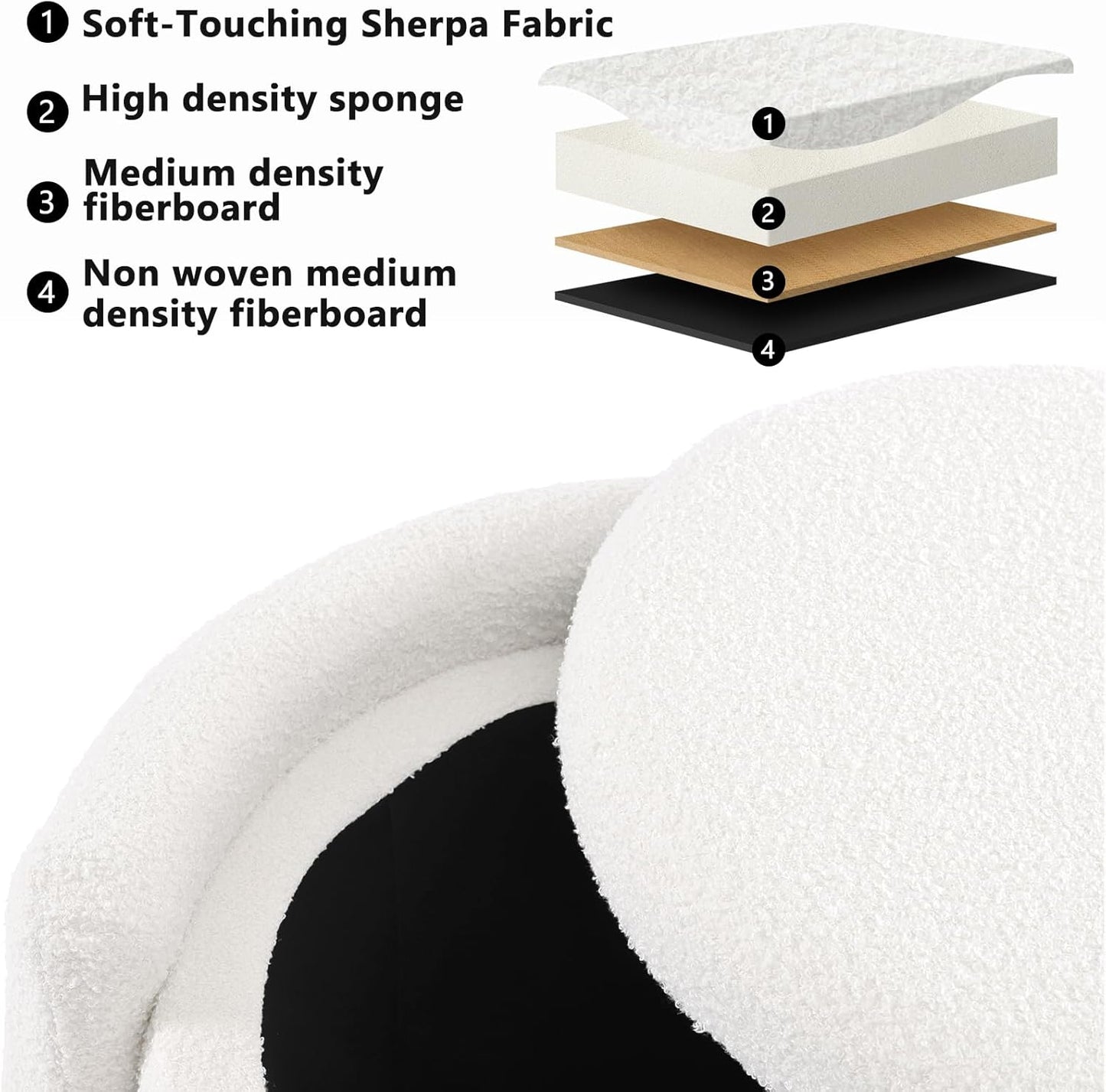 Furniliving Upholstered Button Tufted Round Ottoman, Ottoman with Storage, Teddy Footrest Stool, Removable Lid Convenient Footstools, Bedroom Ottomans with Storage for Vanity, Living Room, White