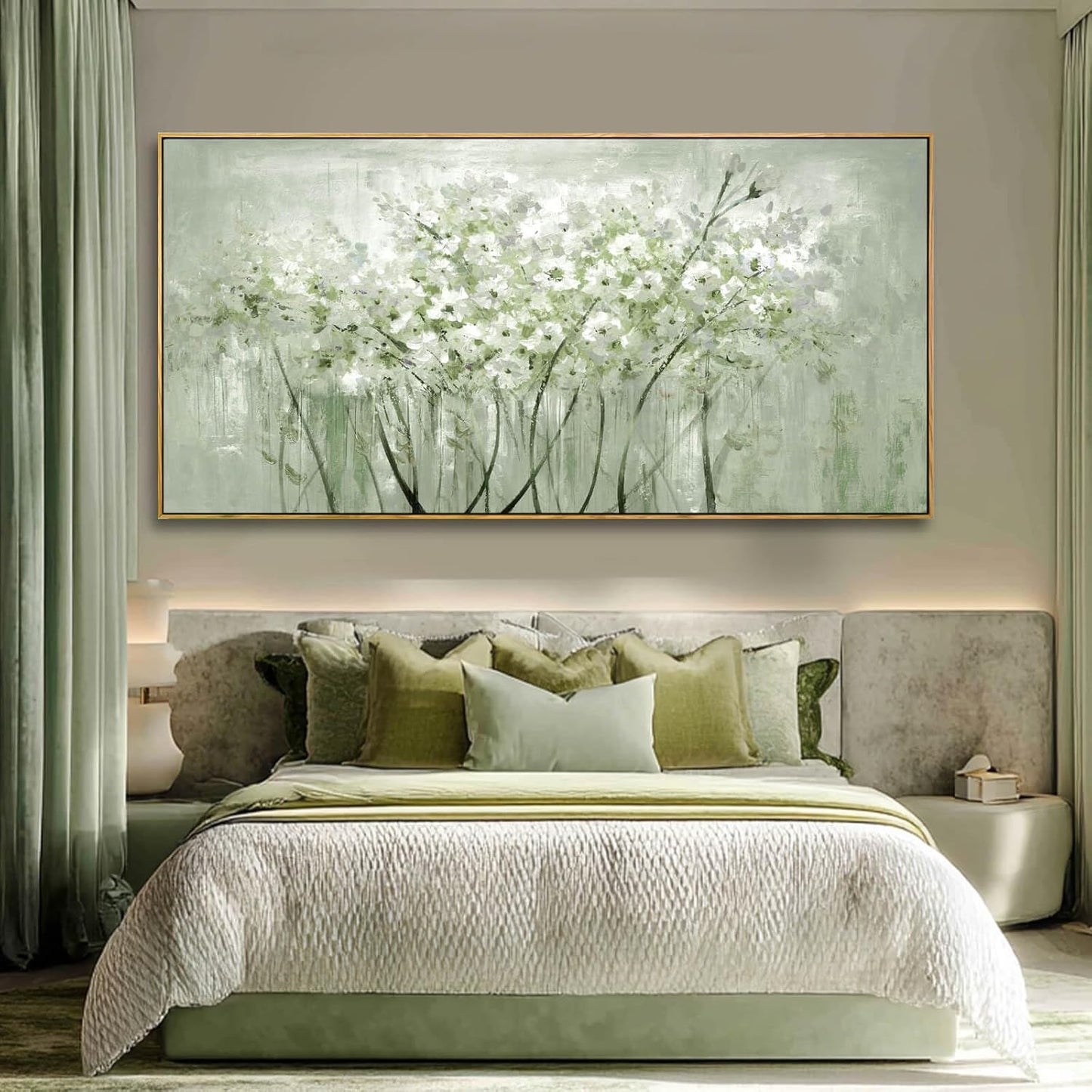 Framed Green Flower botanical Canvas Wall Art 29"x58" Modern Botanical Poster Artwork for Bedroom Living Room Office Kitchen Decor