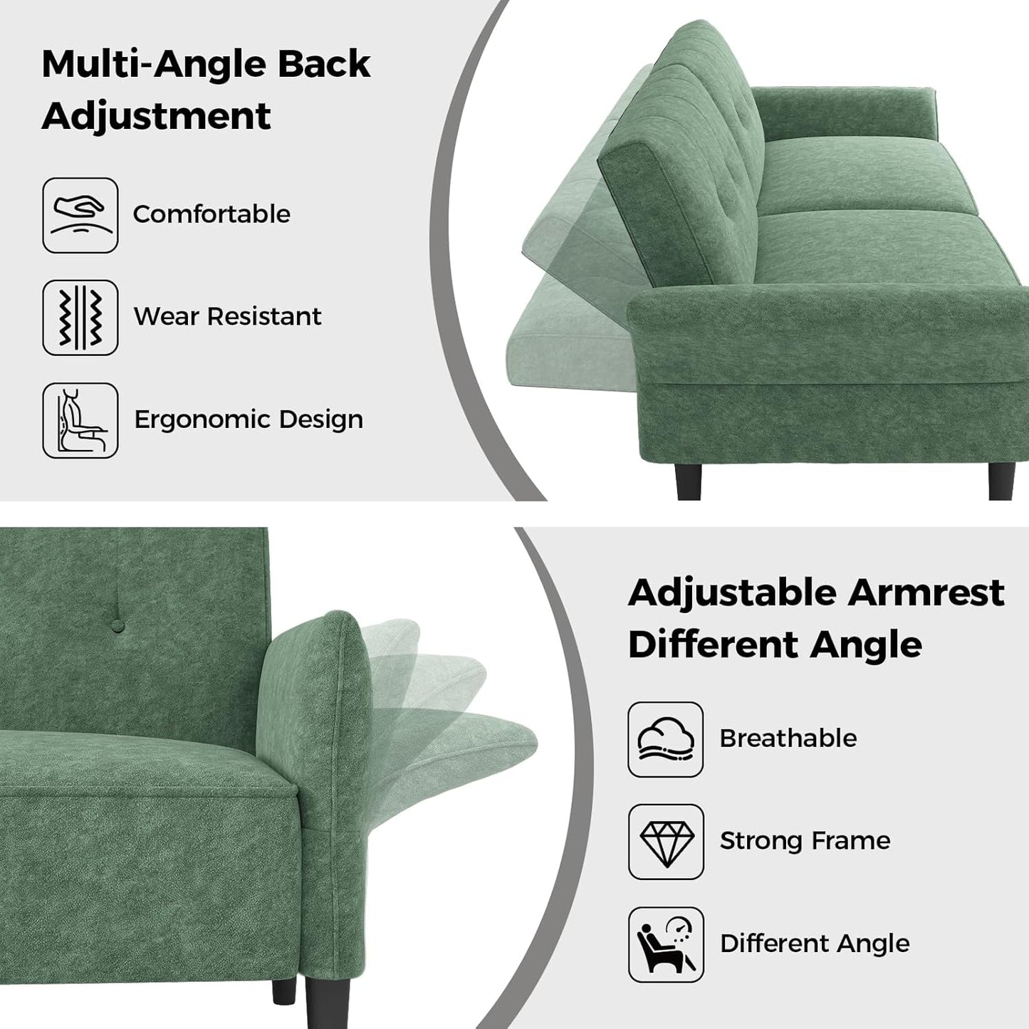 89” Futon Sofa Bed, Comfy Futon Couch Bed with 2 Square Pillows, Convertible Sleeper Sofa with Adjustable Backrest& Armrests, Modern Loveseat Sleeper for Living Room, Bedroom,Light Green