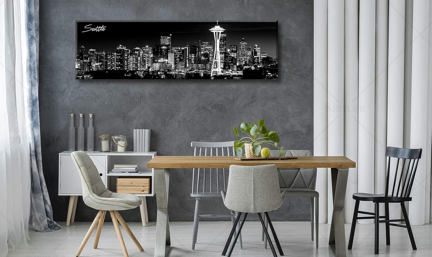 Seattle City Skyline Wall Art Black and White Canvas Prints Panorama Cityscape Picture Night View Painting Poster Modern Artwork Home Decor for Office Living Room - Ready to Hang 13.8" x 47.3"
