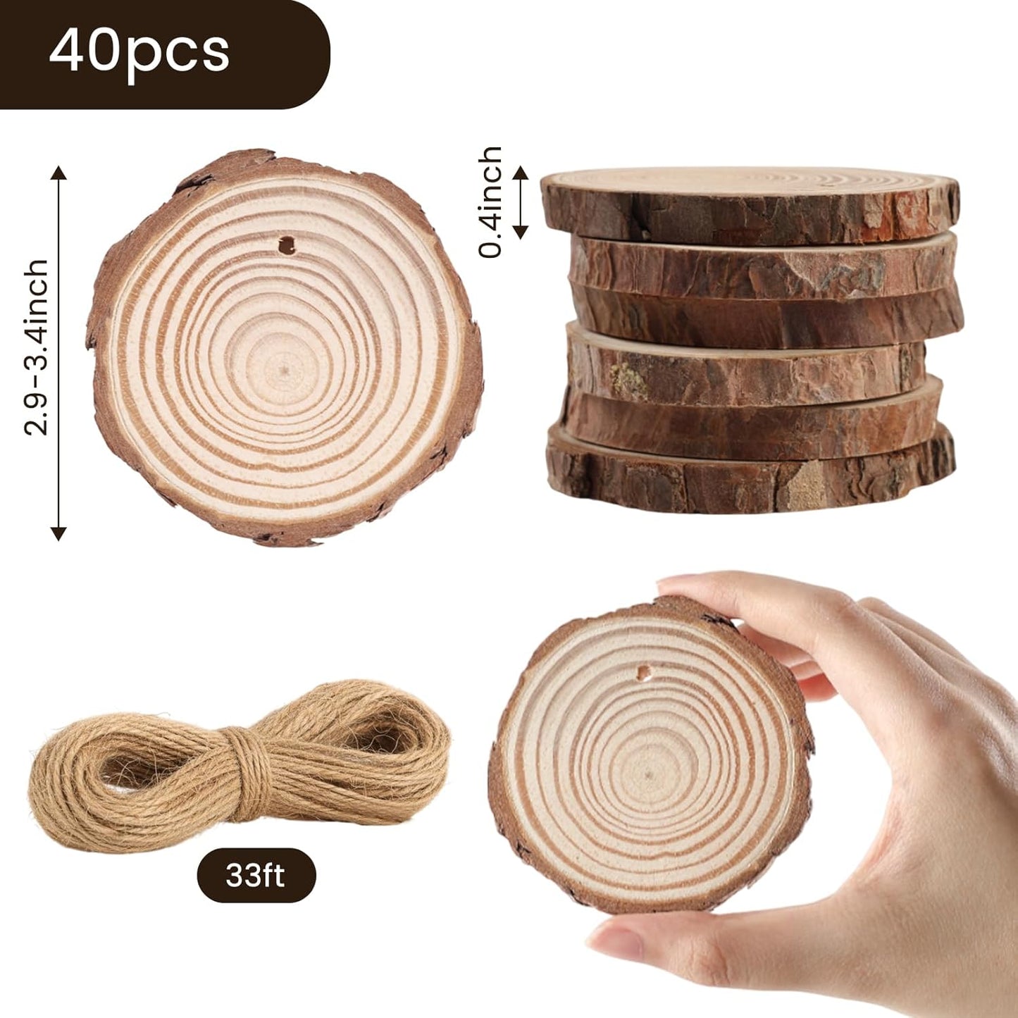 JOHOUSE 40Pcs Wood Slices, 2.9"-3.4" Unfinished Natural Wood Rounds for Crafts, Christmas Ornaments, Home Decor, Painting, Coasters, DIY Gifts, Party Wedding Decor, with Pre-drilled Hole