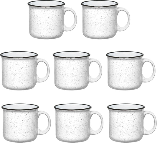Set of 8 Ceramic Campfire Mugs – 15 Oz, White – Coffee & Tea Cups for Home, Work, Travel, Camping – Customizable, Great for DIY, Events, Companies