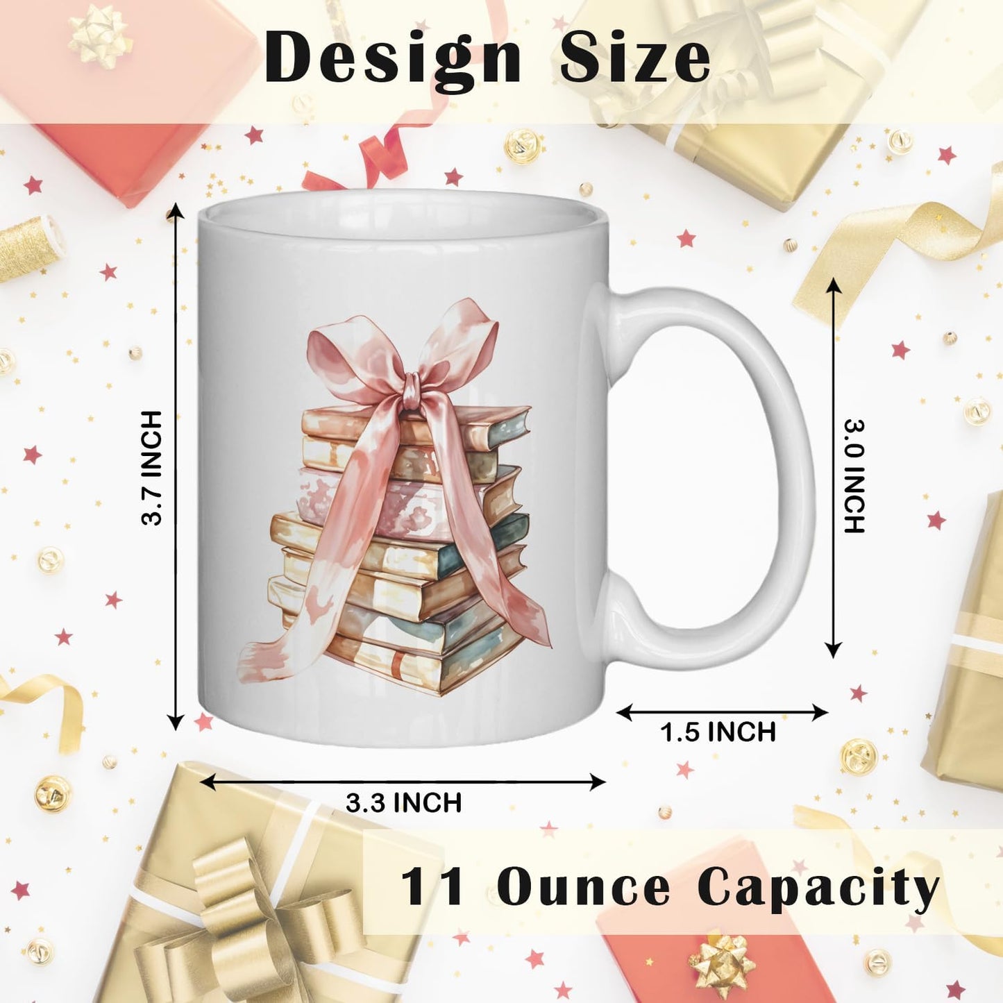 JINYO Coquette Pink Bow Books Mug, Book Coffee Cup, Reading Mugs for Book Lovers, Gifts for Readers Books Lovers Women, Bookish Bookworm Gifts for Women, Ceramic Coffee Tea Mug 11 oz