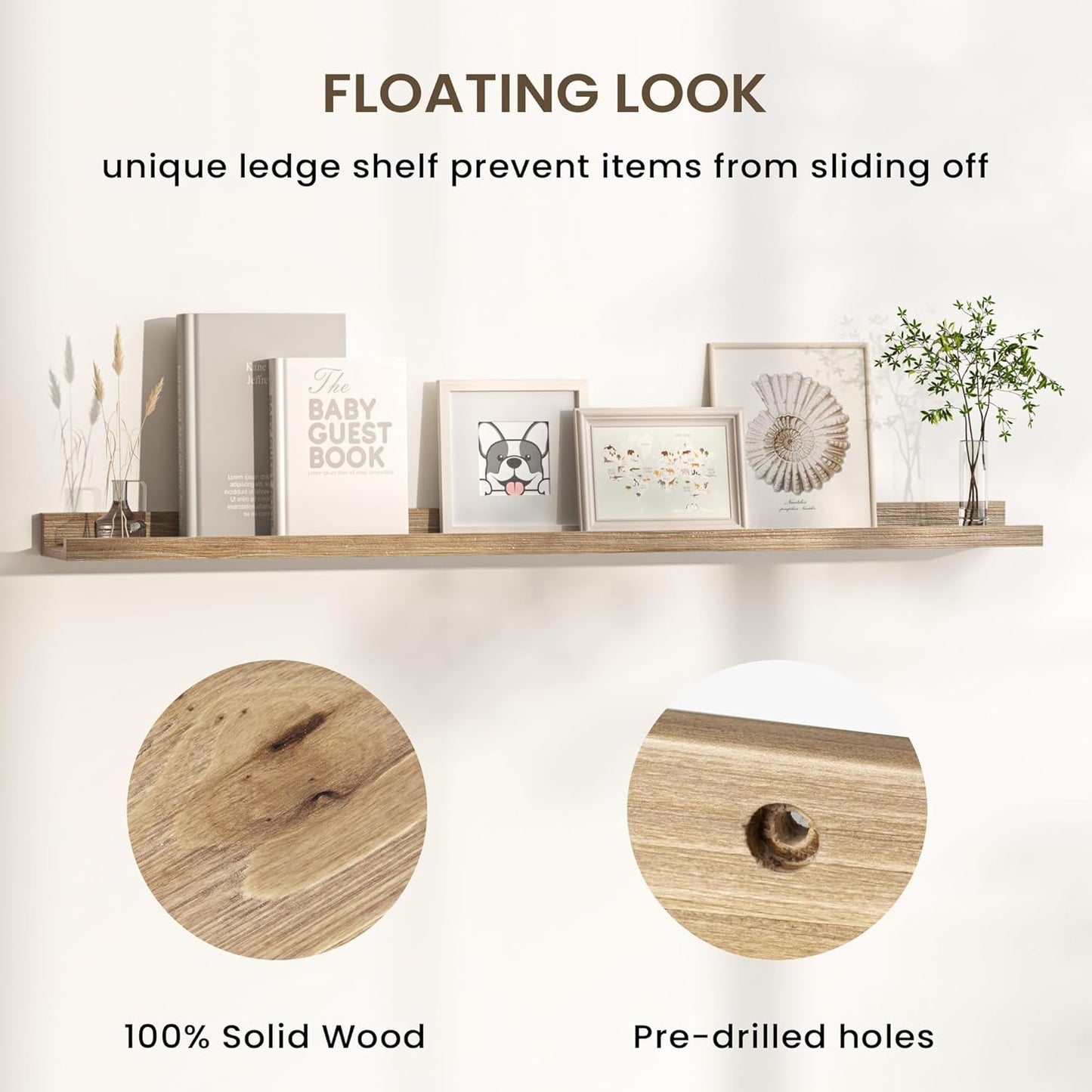 Floating Shelves for Wall, Picture Ledge Shelf 36 Inch Solid Wood Set of 2, Rustic Wall Shelves with Lip, Kids Bookshelf, Photo & Picture Live Edge Floating Shelves for Bedroom, Living Room, Kitchen