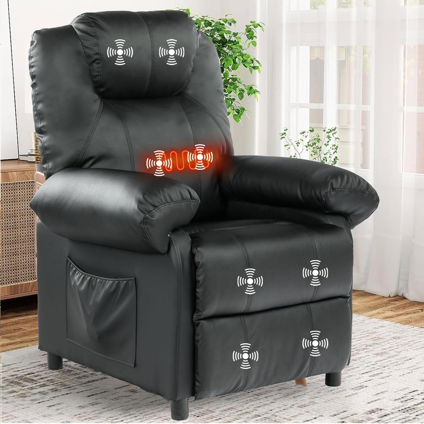 KCREAM Massage Recliner Chairs with Heat,PU Leather Overstuffed Recliner Chairs Living Room Chairs for Adults with Side Pockets,Padded Backrest and Thick Seat Cushion,Home Theater,Black