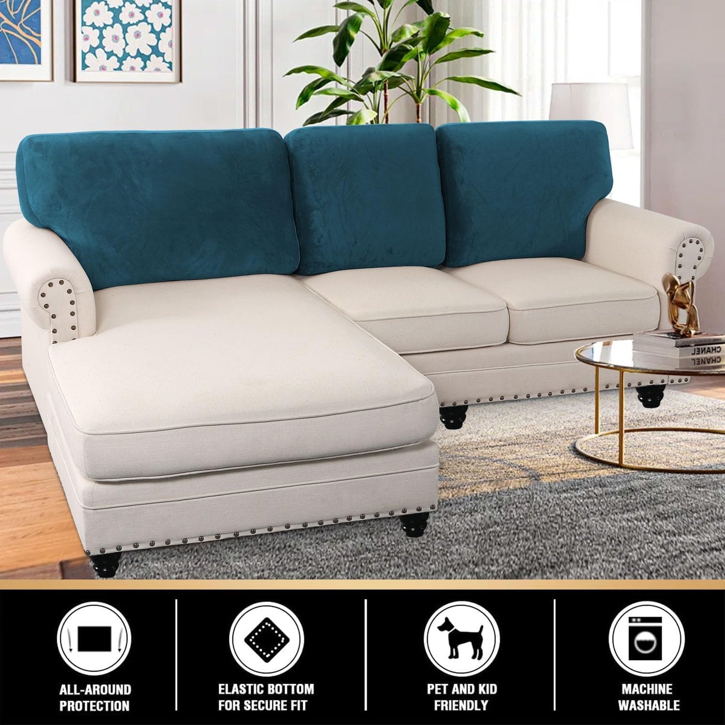 PrinceDeco Sectional Couch Covers Velvet Cushion Covers for Sectional Couch Cushion Covers for Sectional Sofa Separate Sectional Sofa Slipcovers Washable(1 Chaise Back+ 2 Sofa Back,Camel)