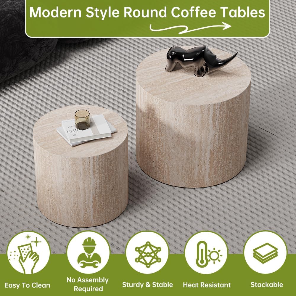 Round Nesting Coffee Tables Modern Travertine Coffee Table Small Round Coffee Tables Circular Side Table Accent End Table Nested Coffee Table Set for Living Room (Travertine)