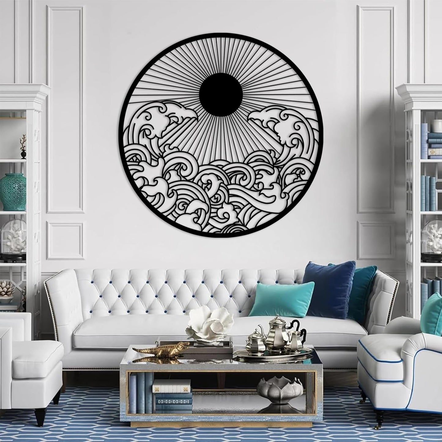 flyoak Metal Sun Wall Decor Outdoor, Sunrise Metal Wall Art, Metal Wave Wall Art, Sunrise and Wave Wall Decor, Sunburst Wall Art, Sunset Wall Art, Wall Hangings for Bedroom (White, 19x19in|47x47cm)