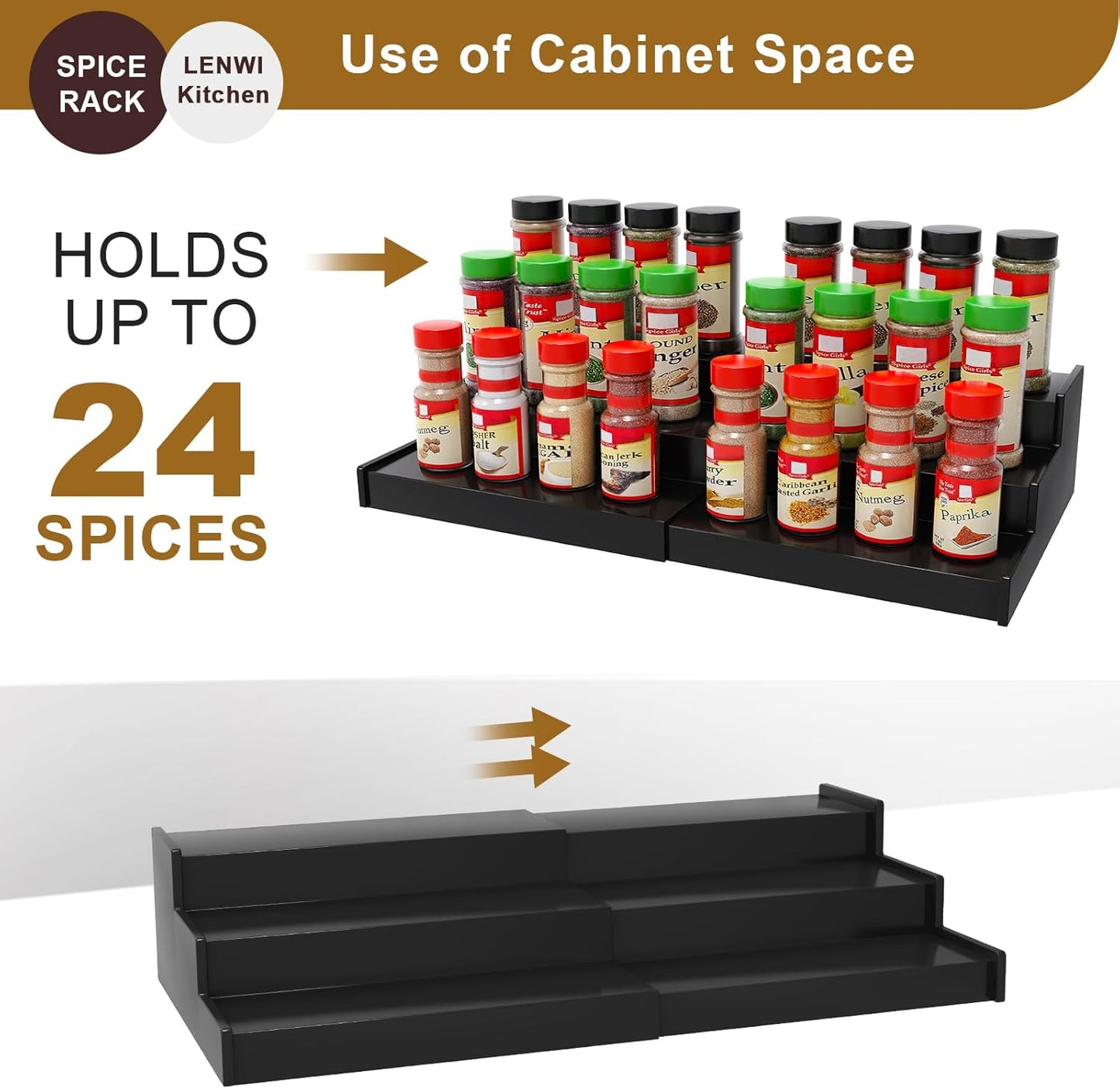 Spice Rack Organizer for Cabinet 2Pack, 3 Tier Expandable Bamboo Spice Storage, Great for Kitchen Cabinet, Cupboard,Pantry and More(Black)