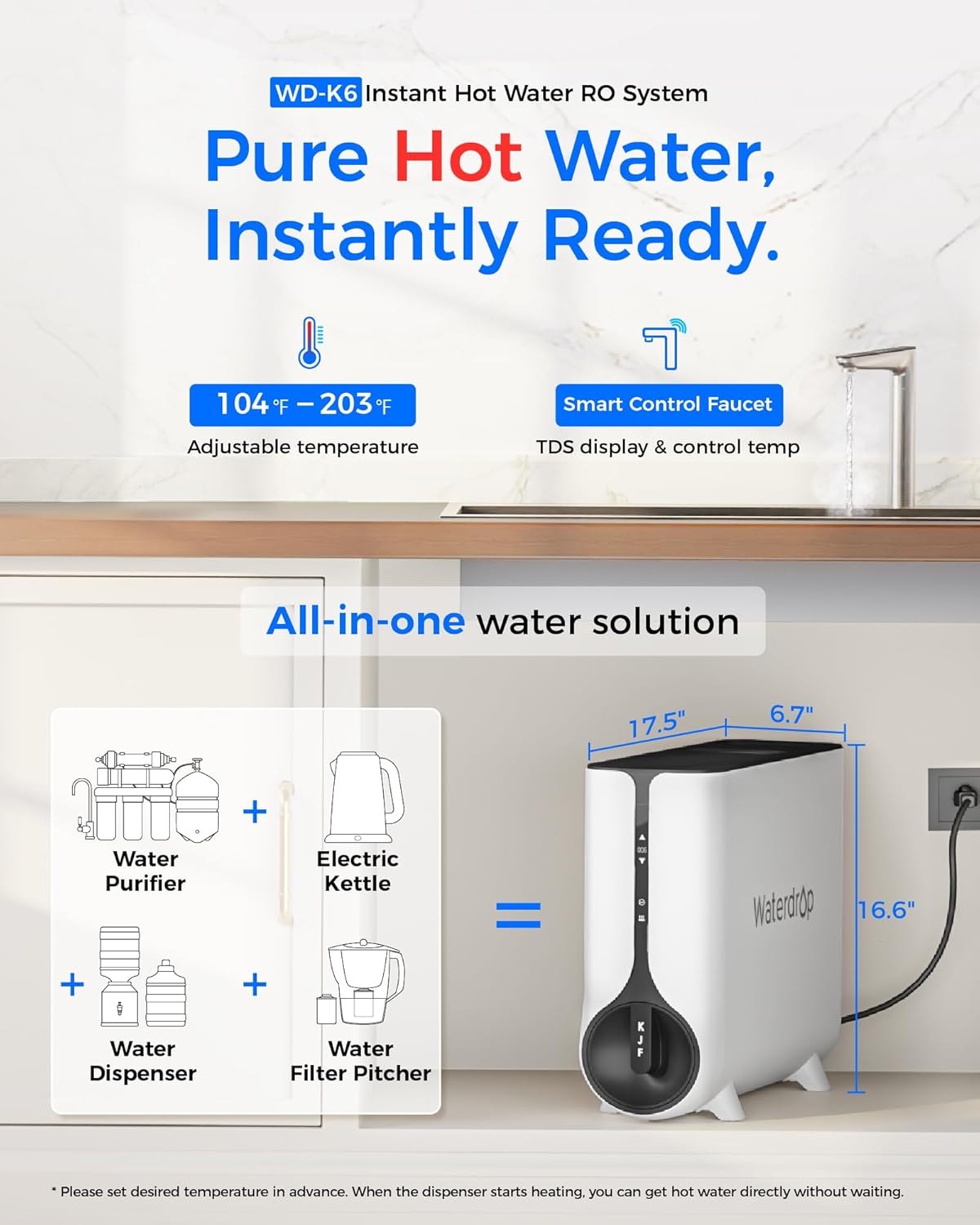 Waterdrop Reverse Osmosis System, Instant Hot Water Dispenser, 600 GPD, Reduce PFAS, Tankless, 2:1 Pure to Drain, Under Sink, TDS Reduction, Smart LED Faucet, Hot and Cold Water Dispenser Faucet