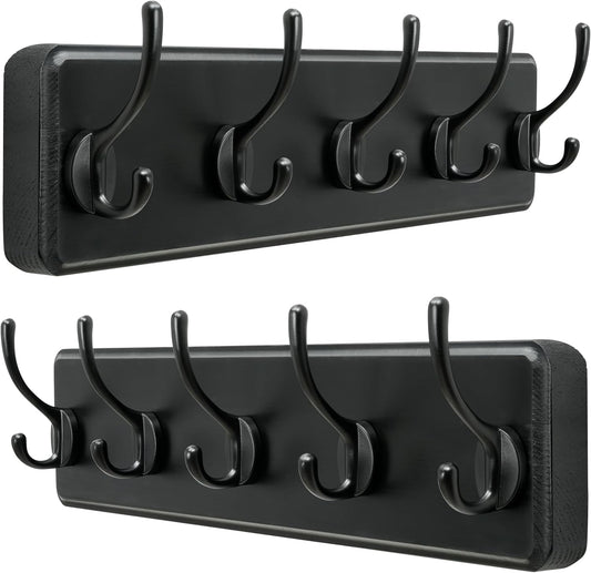 Dseap Wall Mounted Coat Rack: Patented, Heavy-Duty, 17.4" Long 5-Double-Hooks Wooden Hanger Rail for Winter Coats, Hats, Jackets, Clothing - Black, Pack of 2
