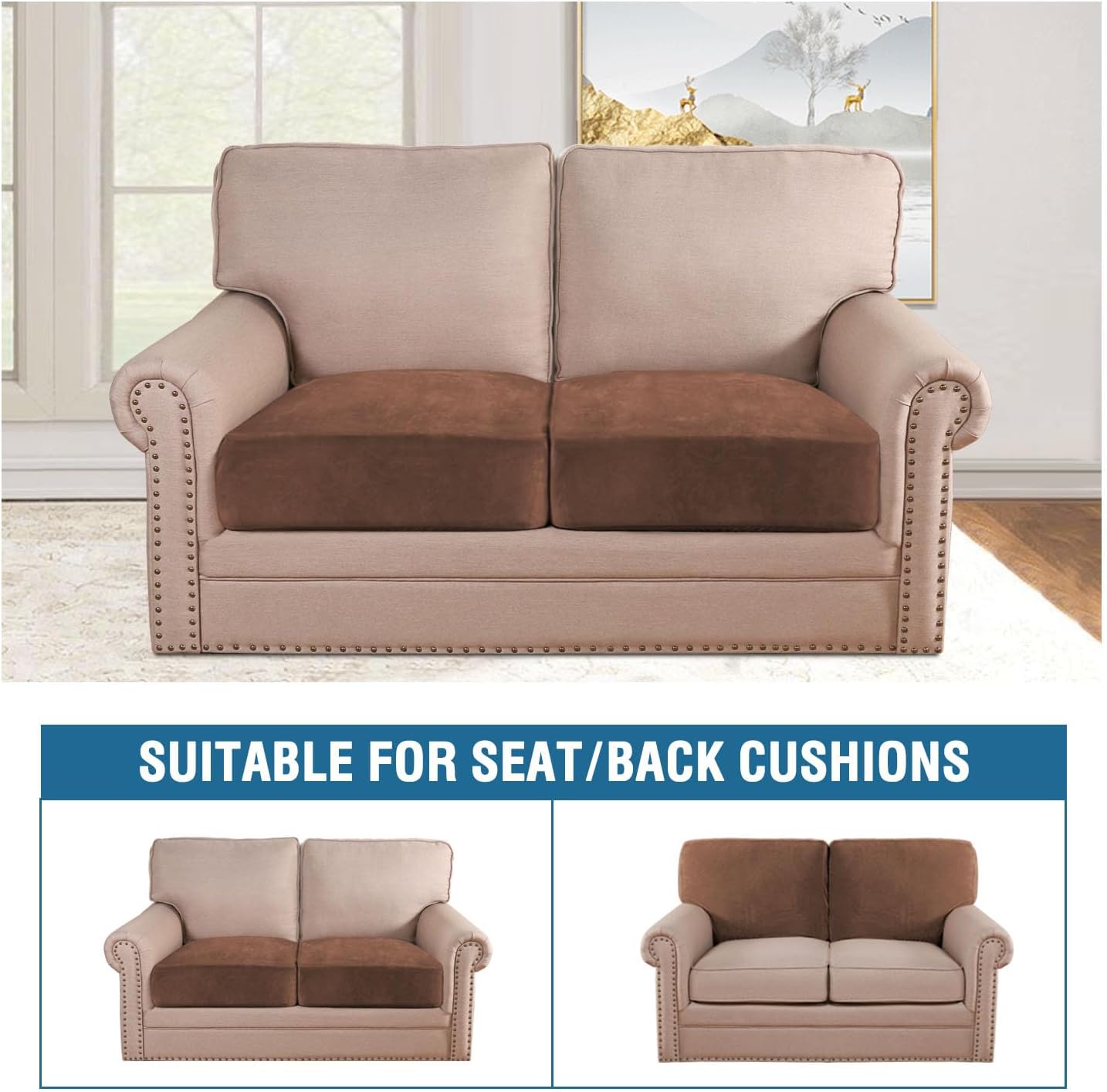 H.VERSAILTEX Velvet Stretch Couch Cushion Cover Plush Cushion Slipcover for Chair Loveseat Sofa Cushion Furniture Protector Seat Cushion Sofa Cover (2 Piece Large Sofa Cushion Covers, Caramel)