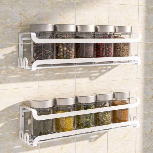 LUCYCAZ 2 Pack Wall Mounted Spice Rack with 16 Hooks, Spice Organizer Shelf for Stove Cabinet Pantry Door,Screw or Adhesive Spice Shelf Hanging Wall Spice Rack in Kitchen and RV (White, 2 PACK)