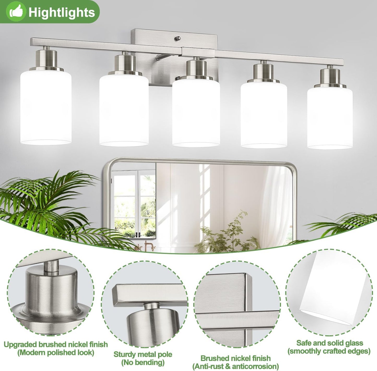 5-Light Brushed Nickel Bathroom Vanity Light with Milky White Frosted Glass Shades, Modern Bathroom Light Fixtures, Up/Down Reversible Lighting for Mirror, Bedroom, Kitchen, Living Room, Hallway