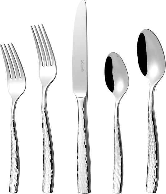 Luciella Ponza Flatware Set for 12, 65-Piece Stainless Steel Silverware Set with Serving Utensils, Timeless Hammered Design, Rust-Resistant, Mirror Polished & Dishwasher Safe