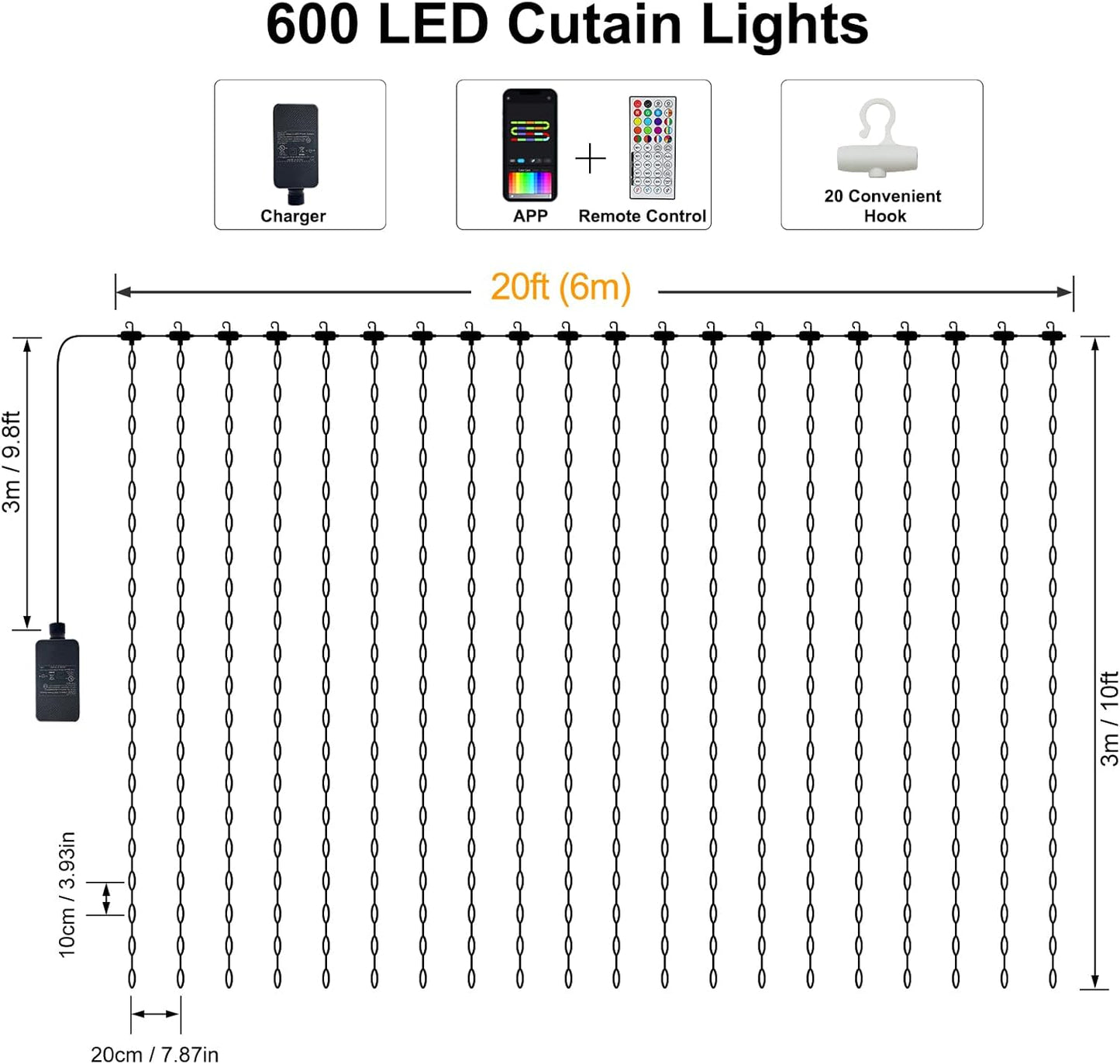 echosari Smart 600 LED Curtain Lights, 20Ft x 10Ft, Compatible with Alexa, App Control, DIY Fairy Lights, Dynamic for Backyard, Home, Wedding, Party Decor - RGB Color Changing IC