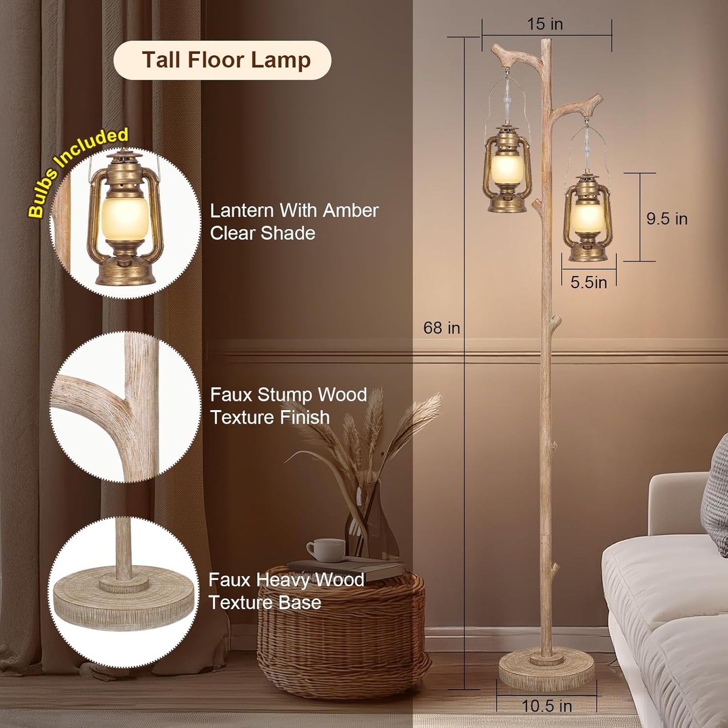 Scenekoy Vintage 68” Tall Floor Lamp with Lanterns, Retro Standing Lamp Tree Trunk Finish & Resin Body, Rustic Dimmable Corner Lamp Stand Up Light with Bulb Prefer for Living Room Bedroom Home Decor