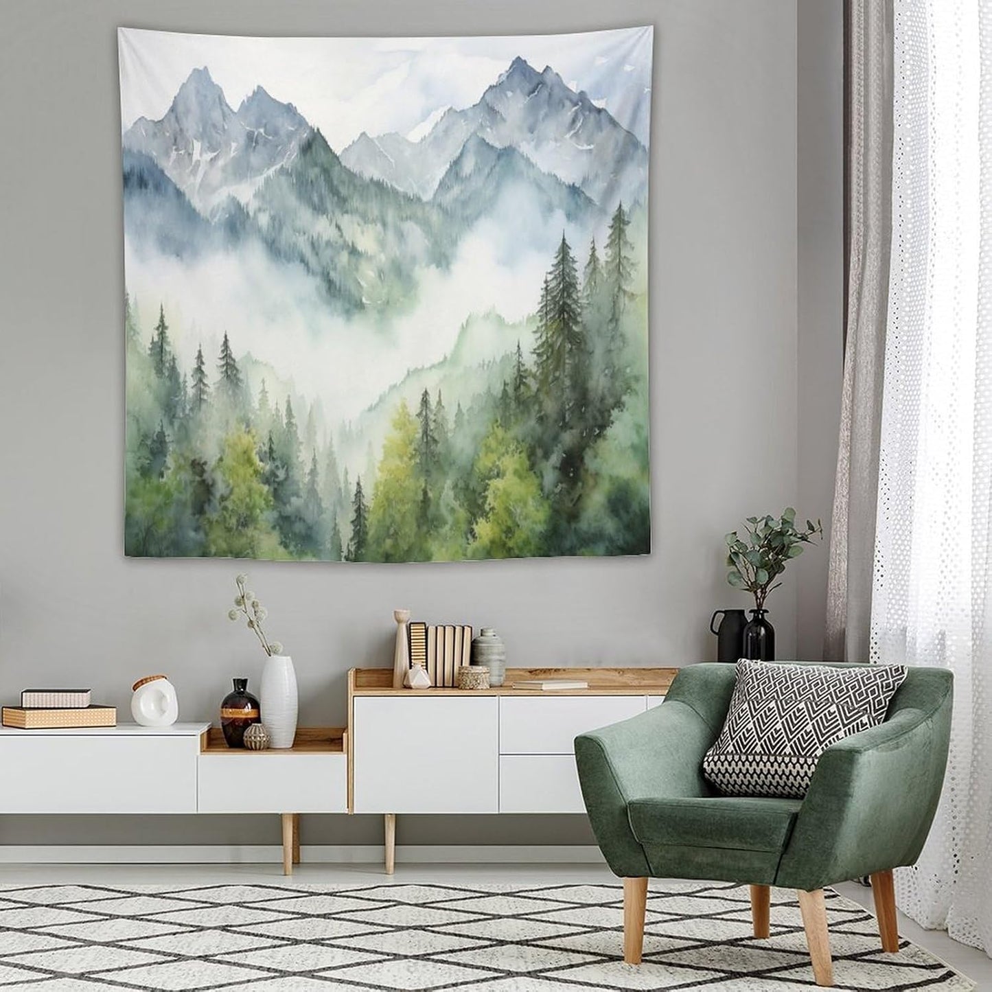 HZOHNAGO Mountain Tapestry Misty Green Forest Mountain Pattern Printed Wall Tapestry Wall Hanging for Bedroom Living Room Dorm 60" W x 60" H