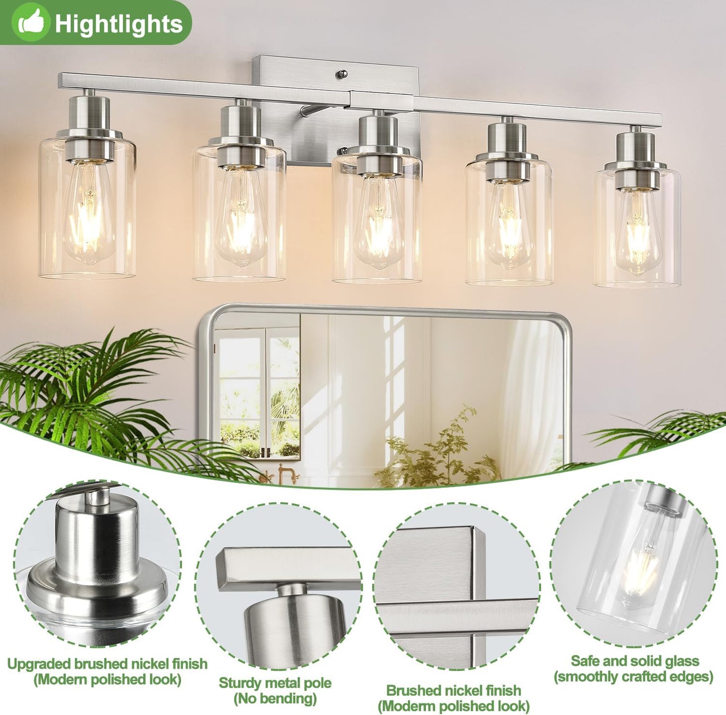 5-Light Bathroom Light Fixtures, Brushed Nickel Bathroom Vanity Light with Clear Glass Shades, Modern Bathroom Wall Lamp for Mirror Living Room Cabinet Bedroom Porch