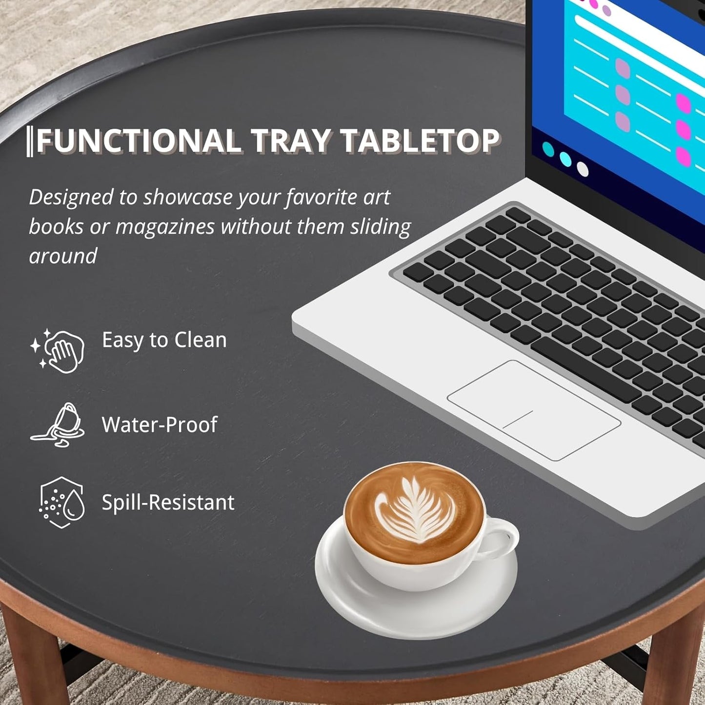 HEAH-YO Round Nesting Coffee Table Set of 2, Wood Tray Top Accent Table with Walnut Wrapped Metal Legs, Industrial & Farmhouse Side Table for Living Room/Office Reception, Black