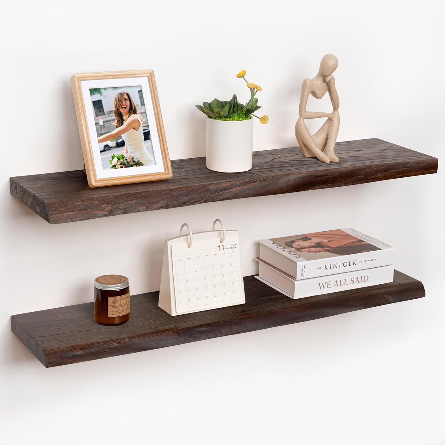 RICHFOCUS Live Edge Elm Floating Shelves - 36" W x 9.3" D Rustic Solid Wood Wall Shelves with Invisible Bracket, Wall-Mounted for Living Room, Bedroom, Kitchen Storage & Display, Set of 2, Walnut