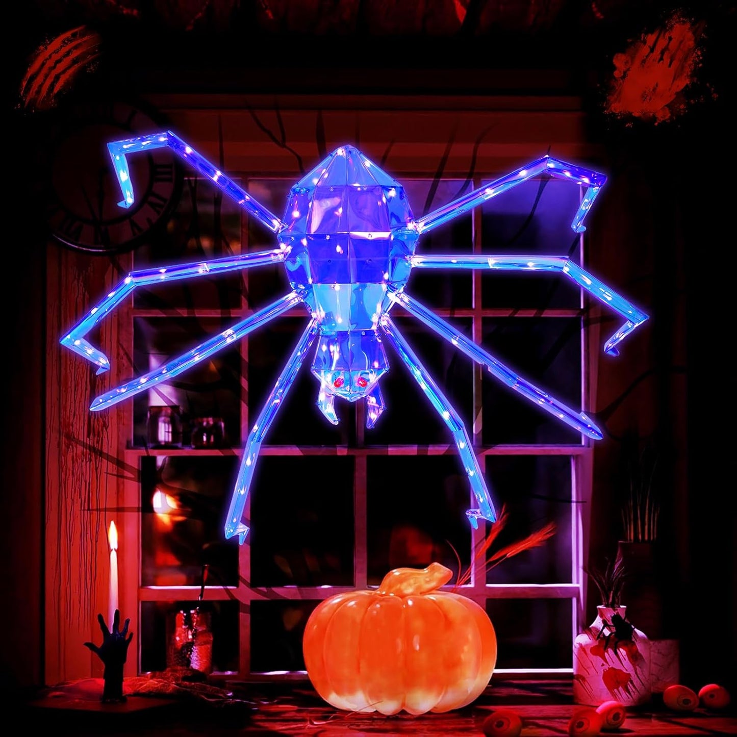 Prismatic Iridescent Giant Spider, 52" Pre-lit Large Outdoor Scary Prismatic Spider Decorations for Halloween 140 LED Light Up Giant Spider Outdoor Halloween Decorations for Garden, Yard, Porch