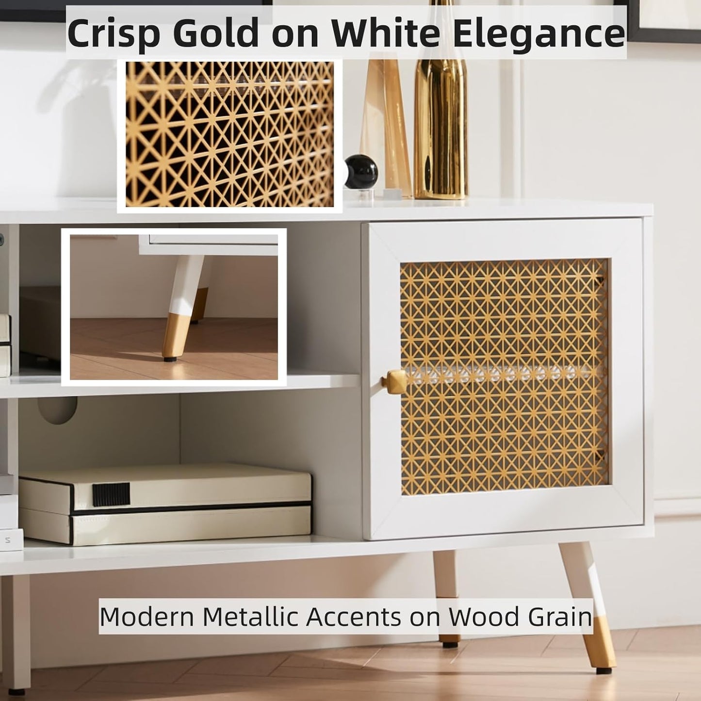 JYED Mid Century Modern TV Stand and Console for TVs Up to 75" - White Entertainment Center, 2 Gold Metal Mesh Doors & MDF Wood Grain, 15.8" D x 66" W x 23.5" H