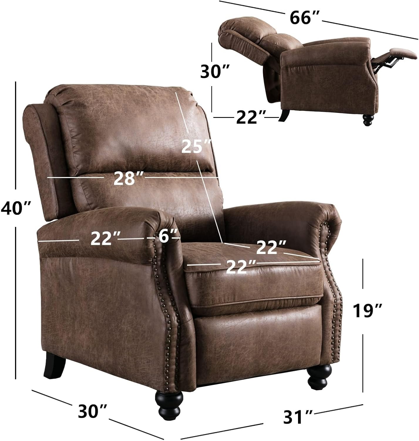CANMOV Pushback Recliner Chair Set of 2, Faux Leather Armchair Push Back Recliner with Rivet Decoration Single Sofa Accent Chair for Living Room, Chocolate