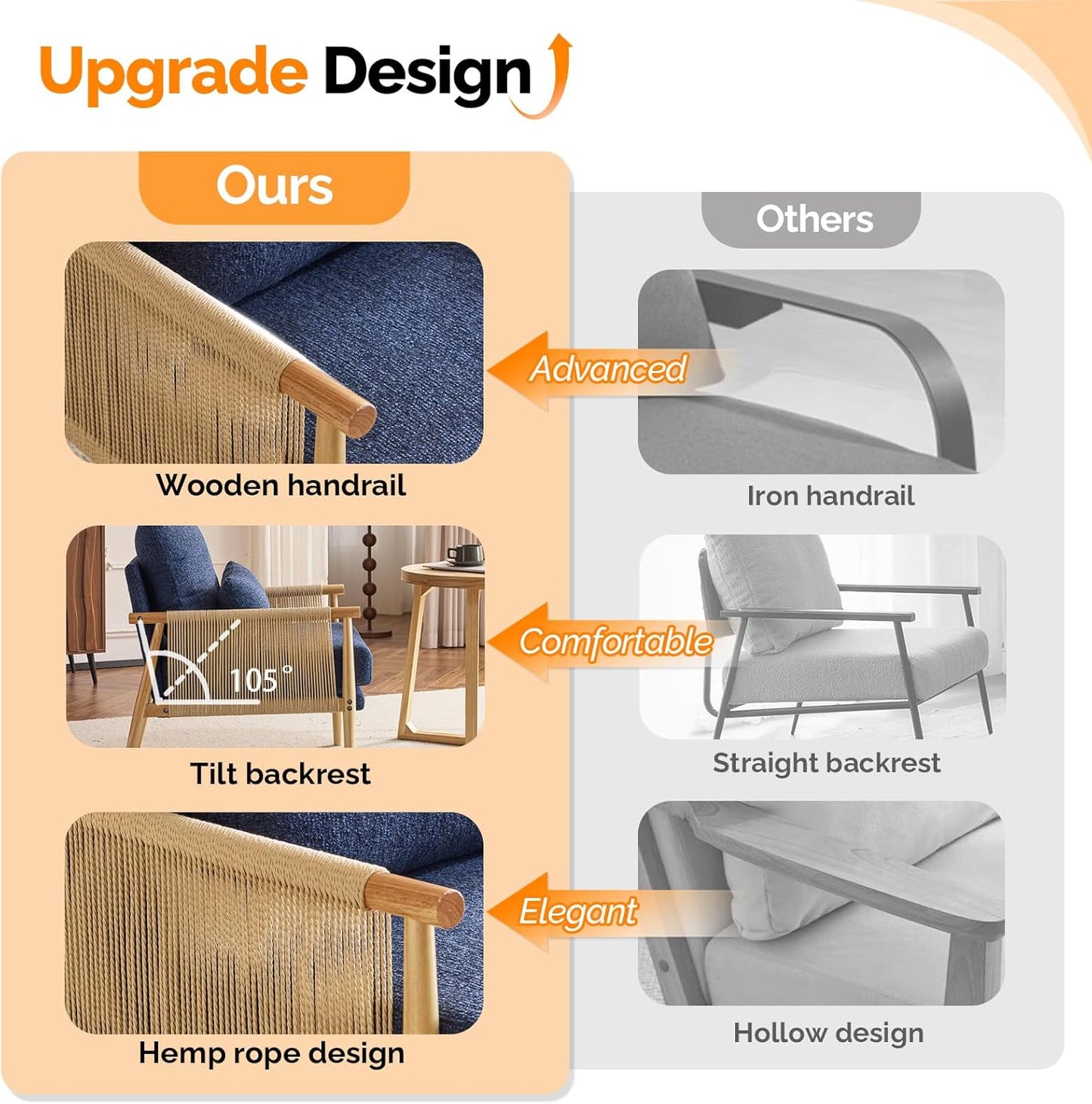 VINGLI Boho Braid Accent Armchairs Set of 2,Mid-Century Modern Chiars with Solid Wooden Armrest,Comfy Louge Cushion Chairs with Waist Pillow for Bedroom,Living Room,Reading Room, Blue