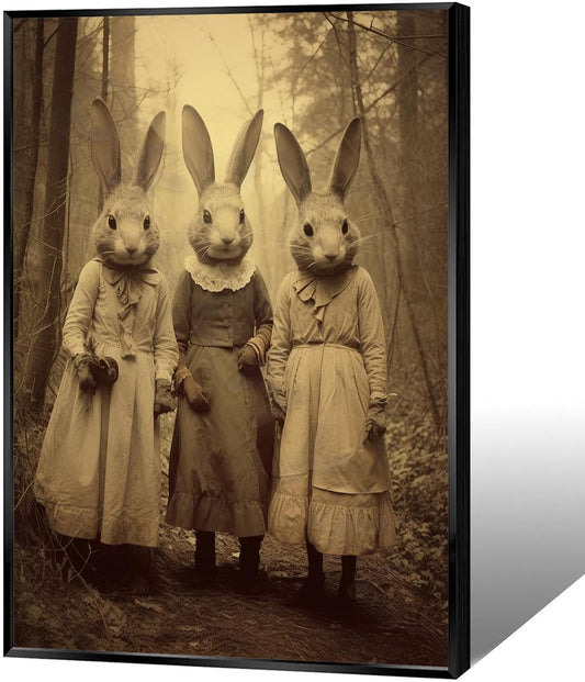 Vintage Horror Spooky Three Rabbits In Occult Forest Spooky Canvas Wall Art Poster Gothic Dark Academia Decorations Room Creepy Print Retro Halloween Wall Decor 16X24inch Aluminum Framed