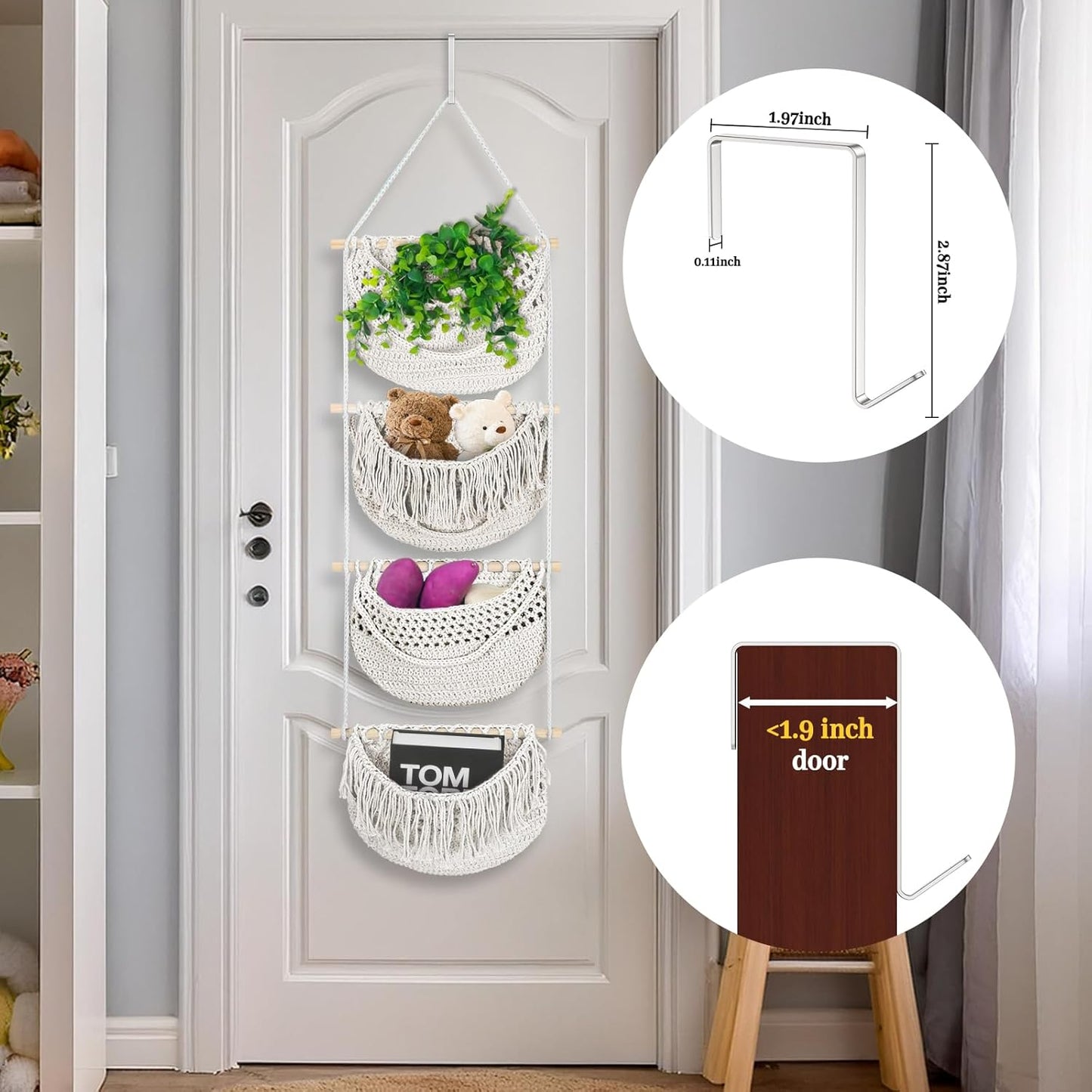 4 Tier Hanging Fruit Basket for Kitchen, 4 Pack Detachable Cotton Crocheted Wall Hanging Baskets Shelf Over Door Organizer for Fruit Veggie Plant, Hanging Storage Basket for Bathroom Bedroom(Beige)