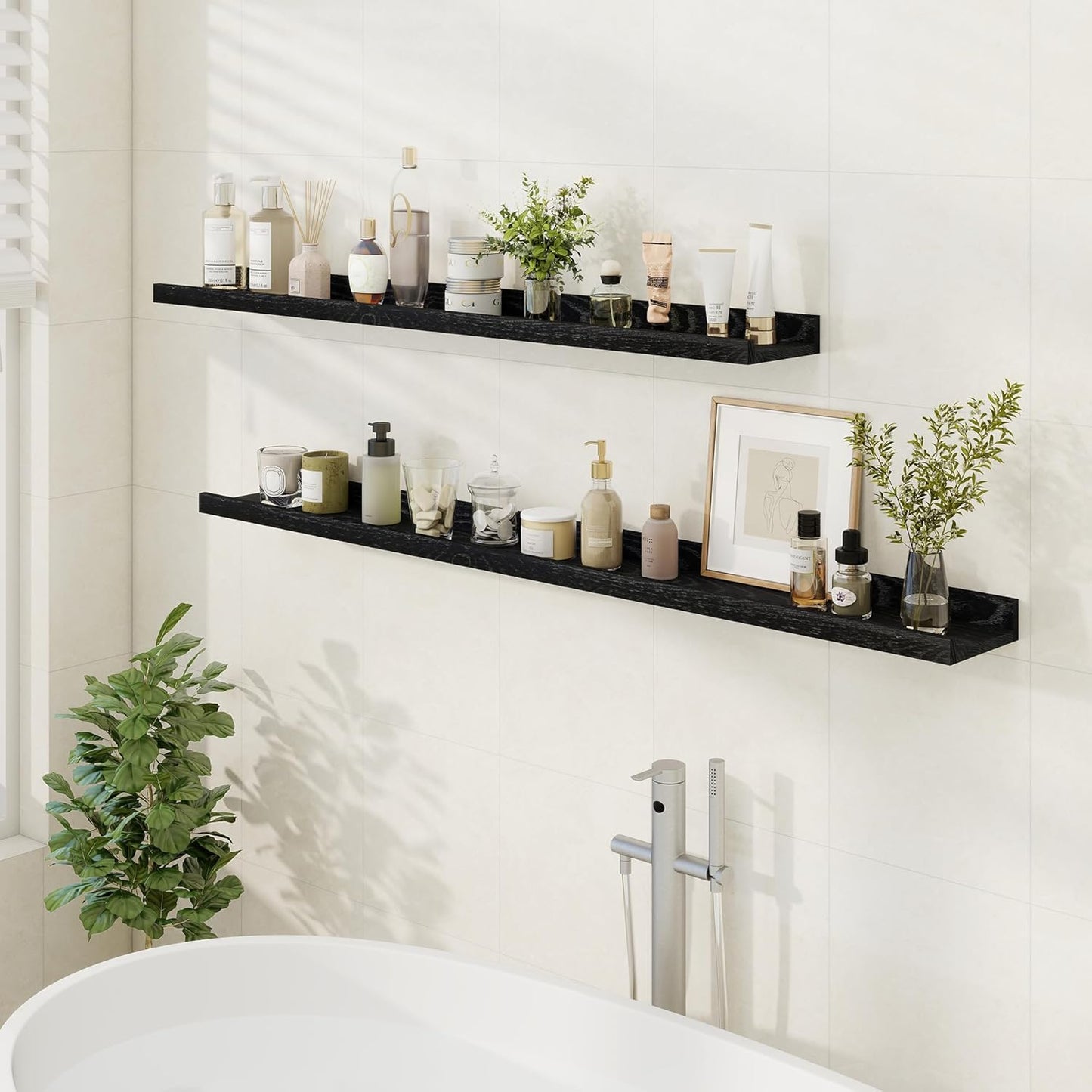 Floating Picture Ledge Shelves 48 Inch Solid Oak Wood Set of 2, Rustic Wall Storage Shelves with Lip, Kids Bookshelf, Photo & Picture Ledge Shelves for Bedroom, Living Room, Kitchen