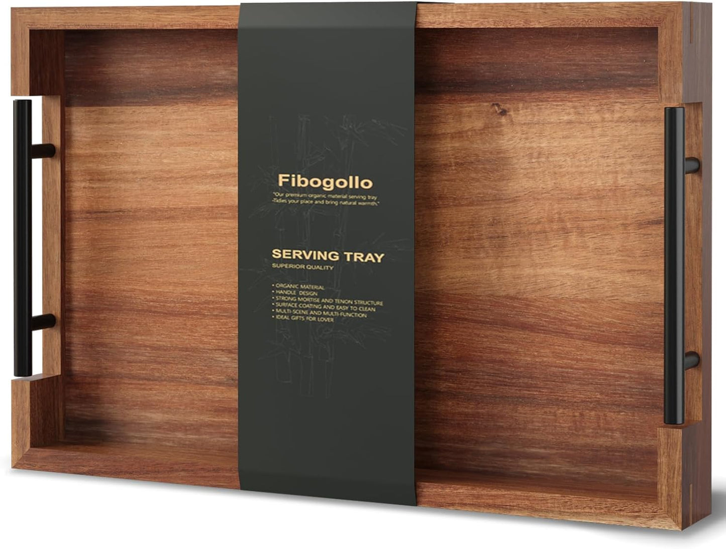 Acacia Wood Serving Tray with Metal Handles,15x10in Ottoman Decorative Trays Platter for Coffee Table,Living Room,Bar,Party(Medium)