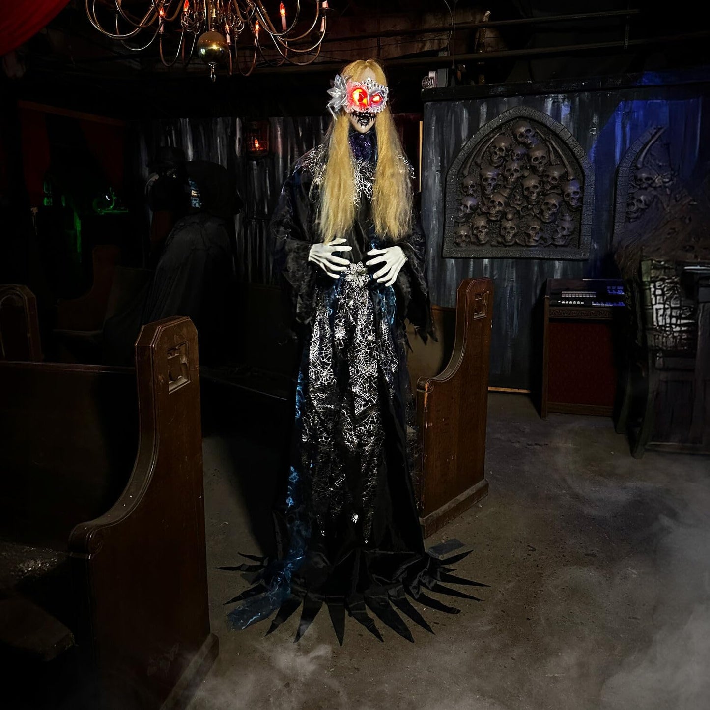 Haunted Hill Farm 5.5-Ft Animatronic Animated Standing Masquerade Lady, Halloween Animatronic, Spooky Venetian Masquerade Prop, Creepy House Party Decoration, Touch-Activated Lights & Sound, Life-Size