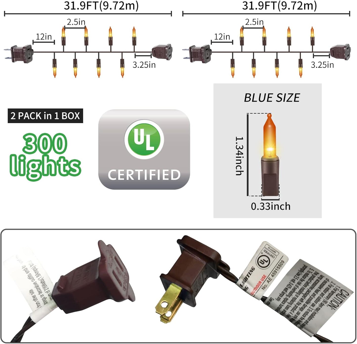 Halloween Lights, 300 Count Brown Wire Incandescent Christmas Mini Lights, 120 V High-Voltage UL CertifiedLight String Connectable, for Indoor Outdoor Patio Tree Party Home Decor, Orange