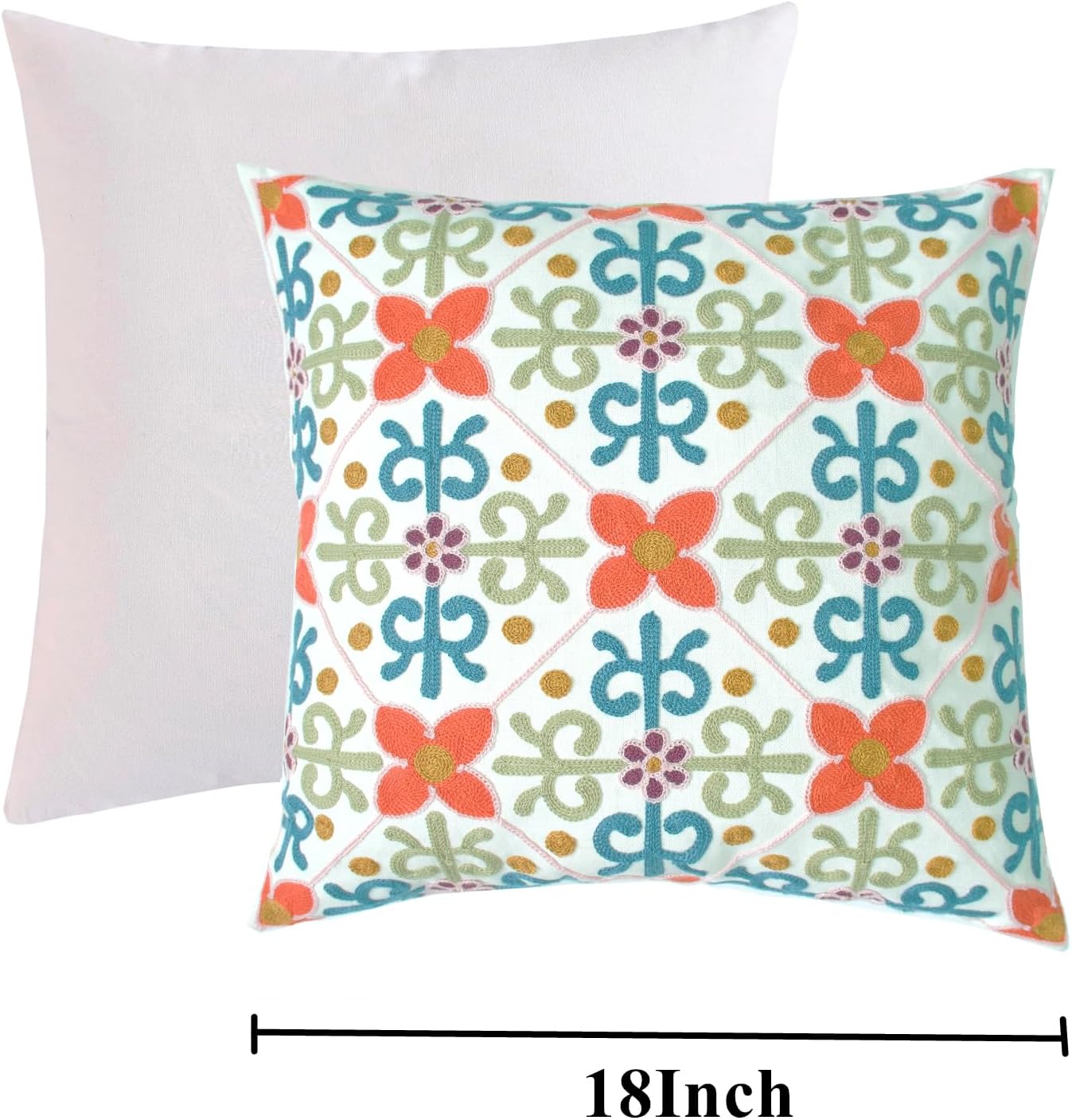 Embroidered Decorative Throw Pillow Cover, 18"x18" Set of 2, Farmhouse Pillowcase Colorful Flower Knit Pattern Cotton Canvas Cushion Case Square Floral Pillow Case for Sofa Couch Bed Living Room