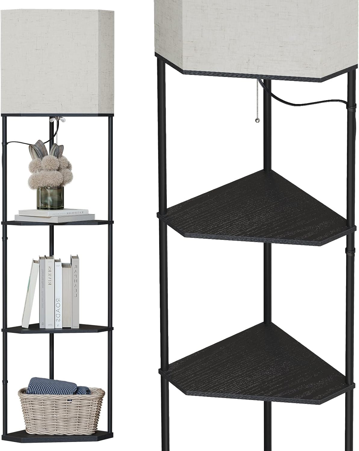 SUNMORY Sector Corner Shelf Lamp 3 Color Temperatures LED Bulb,Corner Lamps with Linen Lampshade, Floor Lamps for Living Room, Bedroom, Study, Black Standing Lamp with Shelves