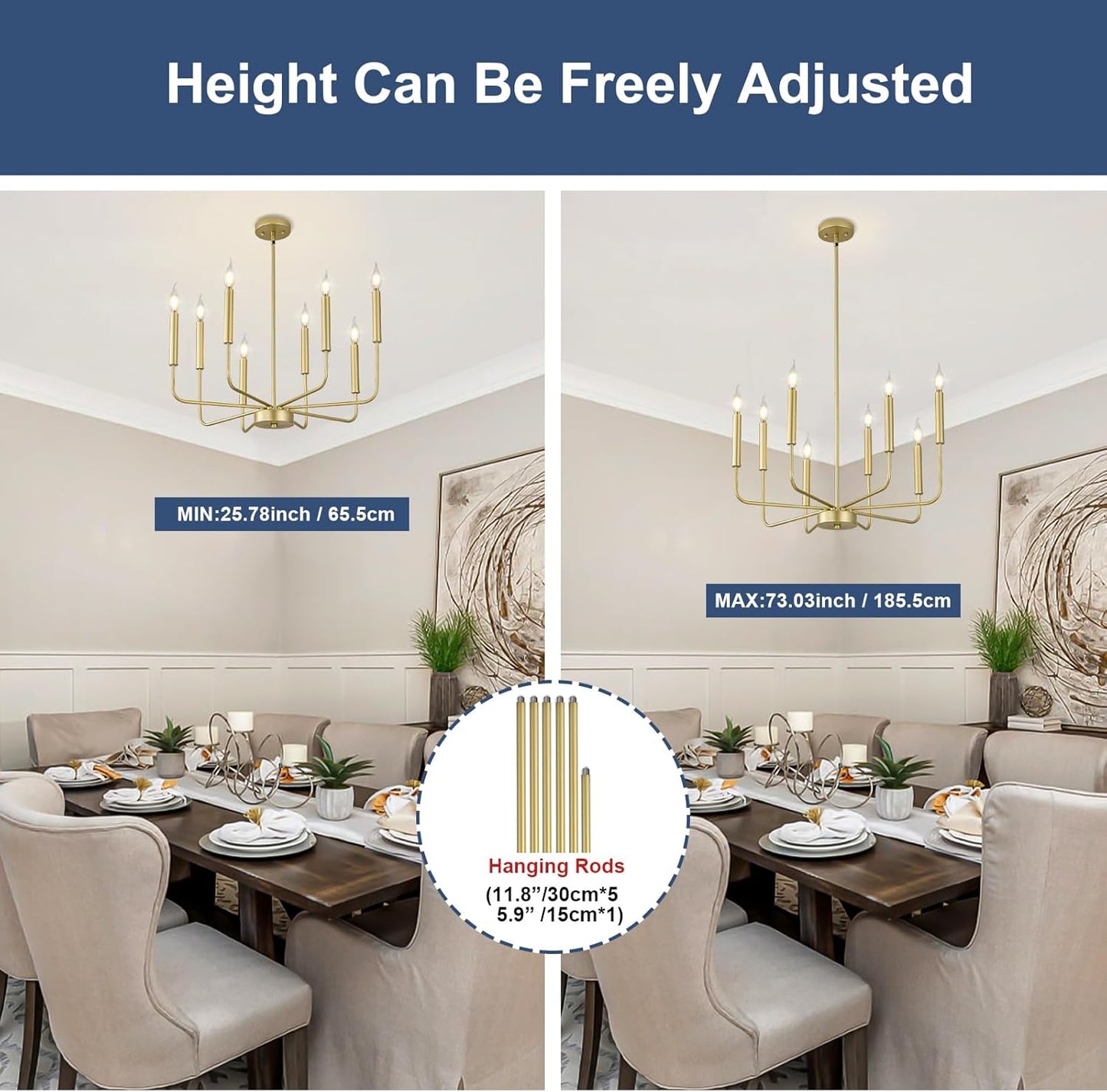 Modern Gold Farmhouse Chandeliers, 8-Light Industrial Metal Chandelier Lighting, Classic Candle Hanging Pendant Light Fixtures for Kitchen Bedroom, Dining Room, Living Room,Foyer