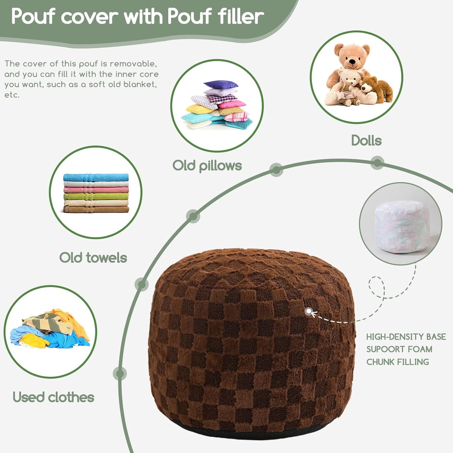 HIGOGOGO Round Stuffed Pouf Ottoman, Plaid Poufs with Foam Chunk Filling, Fluffy and Furry Pouf Foot Stool Storage Ottoman, 26 X 18 Floor Poufs Foot Rest for Living Room, Coffee