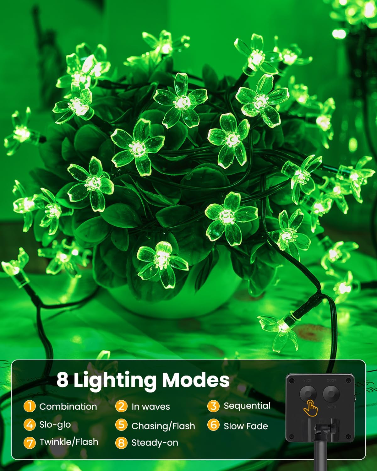 Brightown 2 Pack Total 52FT 120 LED Solar Flower String Lights for Outside Waterproof Fairy Lights for Garden Yard Fence Patio Christmas Tree Wedding Party Decor, Green