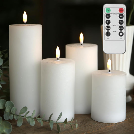 LUSHABOR Flameless Candles, 4 Pack Battery Operated Candles with Remote, Real Wax LED Fake Candles with Timer Flickering for Christmas Wedding Home Party D3 H 5" 6" 7" 9" White