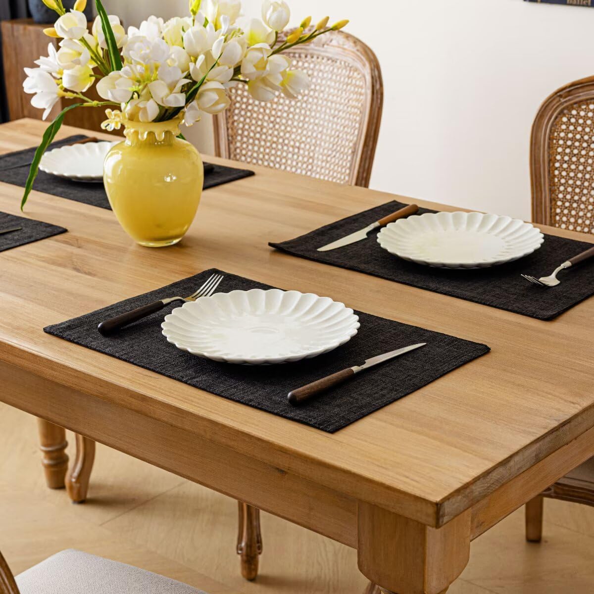 Placemats Set of 6, Bilayer Thickened Linen Place Mats Heat Resistant Machine Washable Wrinkle Free Carefully Selected Polyester Mats for Kitchen/Dining/Coffee Table (Black)