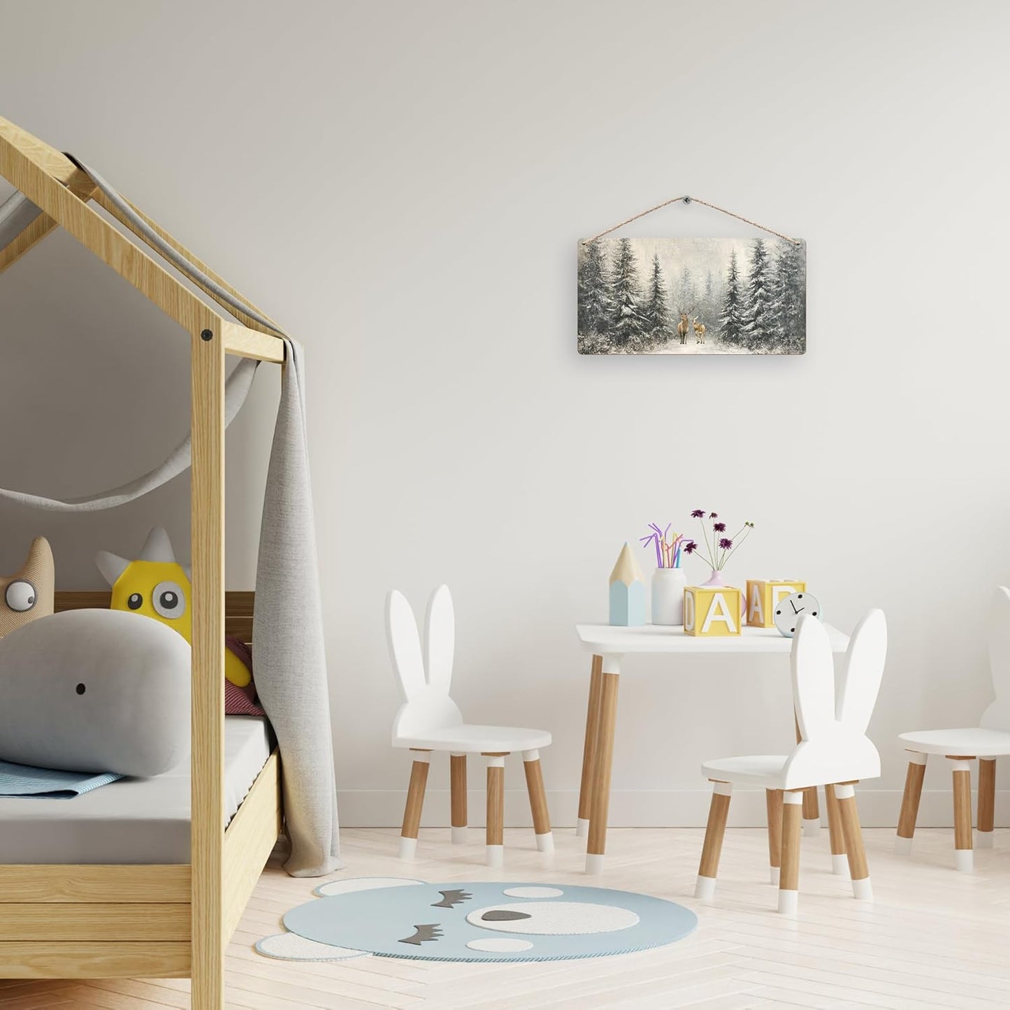 Winter Pine Tree Deer Wooden Sign, 12x6 inches, Rustic Wall Decor for Home, Office or Gifting